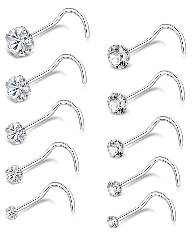 Tornito 20G 10Pcs Stainless Steel Screw Shaped Nose Studs Rings CZ Nose Ring Labret Nose Piercing Jewelry for Men Women Silver Tone 1.5mm-2mm-2.5mm-3mm-3.5mm CZ - Image 1